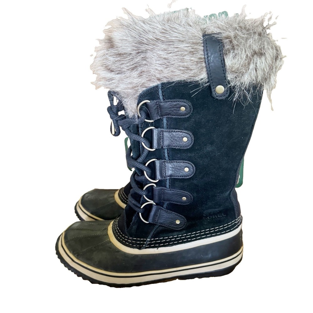 Sorel Joan of Arctic Boots Black / Stone Faux Fur Trim Waterproof Tall‎ Snow 8.5